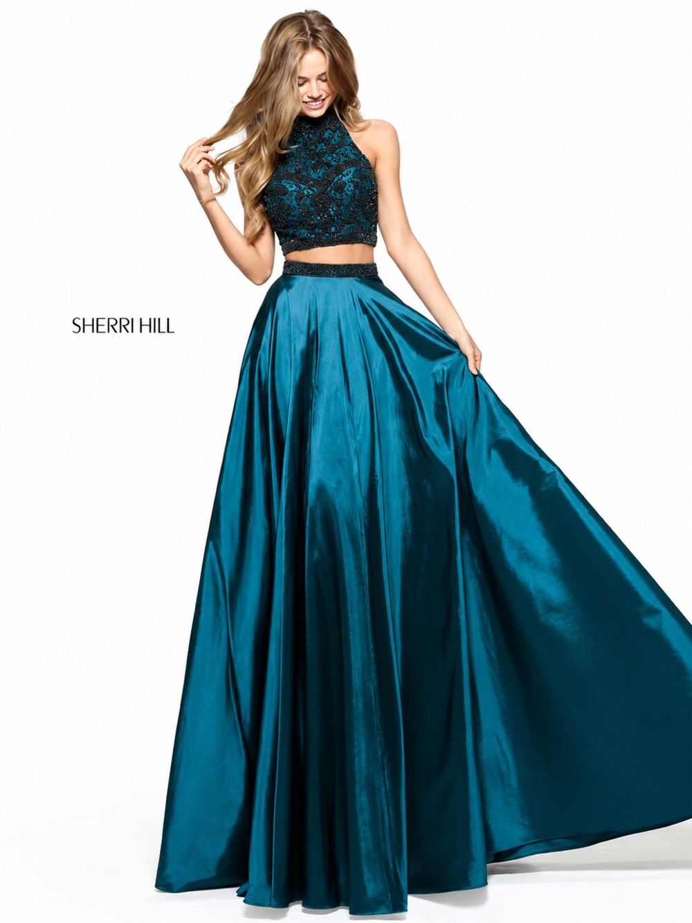 NWT $659 Sherri Hill Teal Beaded Halter Two-Piece Prom Gown Dress Set 51061